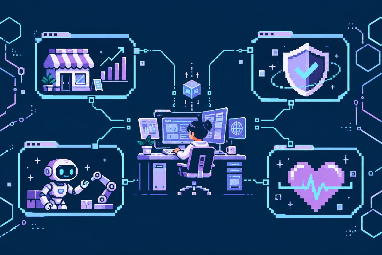 Pixel illustration: one creator at a workstation, connected to four windows: a shop, a shield, a robot and a heart